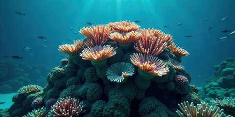 Vibrant Underwater Scene Featuring a Lush Coral Reef and School of Fish Swimming in the Ocean Depths