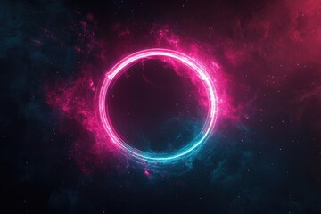 Fototapeta premium Neon circle frame in a dark nebula background