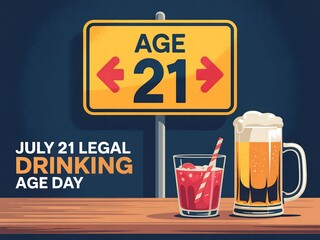 July twenty first legal drinking age day with age limit sign and drinks illustration