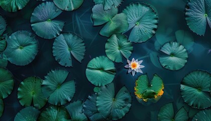 Delicate lily pads and a single white water lily.