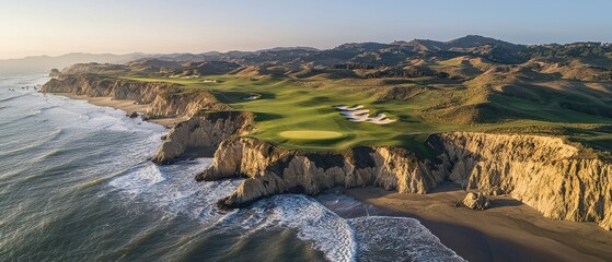 Coastal golf course with dramatic cliffs and waves