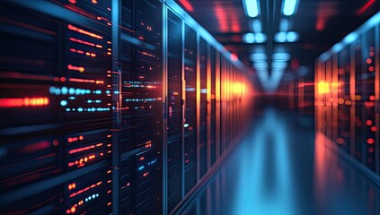 Server rack aisle with glowing data