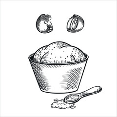 Cooking food, dough, bowl with ready-made dough, cracked egg, teaspoon with sugar. All objects are hand-drawn in vector. The illustration is suitable for illustrating recipes, printing on paper.
