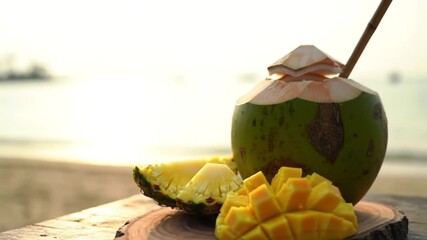 Natural coconut drink served with a straw alongside sliced pineapple and mango, set against a warm, tropical beach background. Ideal for vacation, exotic drinks, tropical lifestyle, or travel footage.