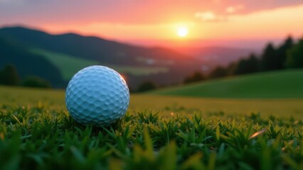 A golf ball rests on a verdant putting green, bathed in the warm glow of a breathtaking sunset over rolling hills.