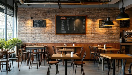 Modern cafe interior, brick walls, wood tables