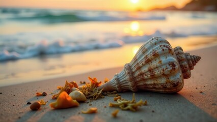 Seashell Sunset A weathered seashell rests on a sandy beach at sunset, surrounded by small shells and seaweed, as gentle waves caress the shore.