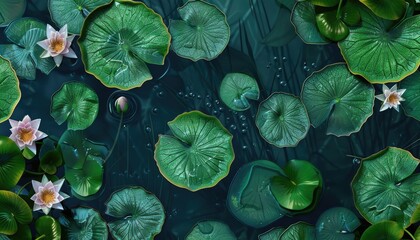 Detailed view of vibrant lotus leaves and flowers on a dark water surface.