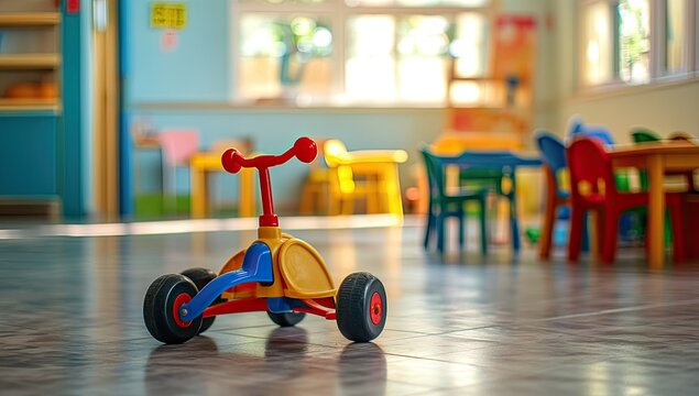 Colorful child's ride-on toy in a preschool classroom