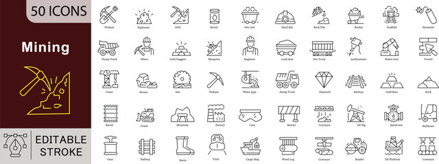 Mining Line Icons Set - 50 Editable Vector Symbols for Industrial Equipment Construction Resource Design Projects