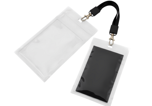 Clear and Black Plastic ID Card Holders with Lanyards isolated on transparent background