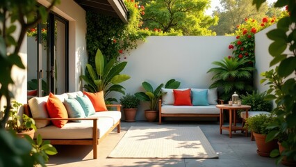 Serene Patio Oasis Wooden Sofa with Colorful Cushions, Lush Greenery, and a Tranquil Atmosphere