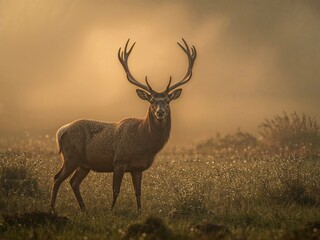 Obraz premium Lone Stag in Foggy Meadow at Dawn with Golden Light and Dewy Grass