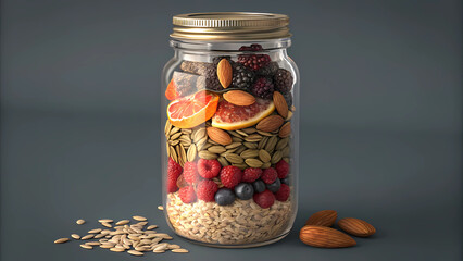 Healthy breakfast jar recipe with oats berries almonds and seeds for a nutritious start to the day