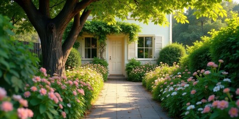 Fototapeta premium Peaceful Pathway to a Cream-Colored House with Lush Greenery and Blooming Flowers