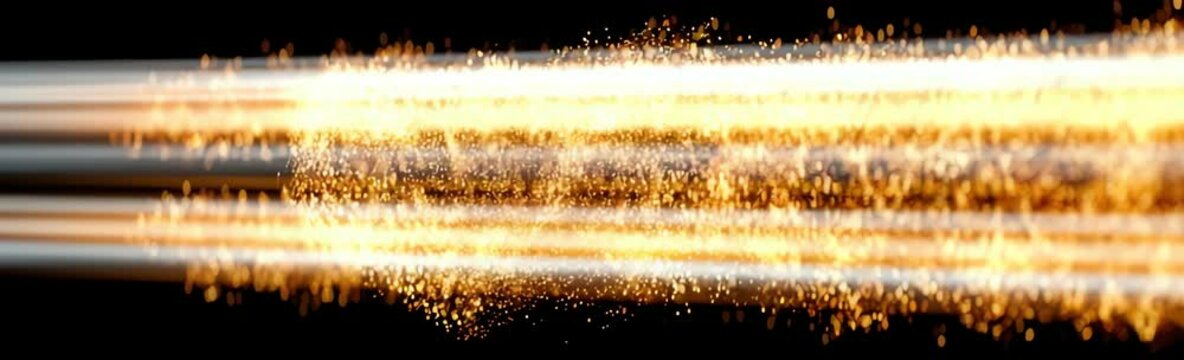 Gleaming parallel light beams emitting golden sparks against a dark backdrop