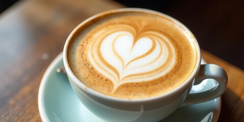 Aromatic Coffee Drink with Heart-Shaped Latte Art in a Light Green Cup on Wooden Surface