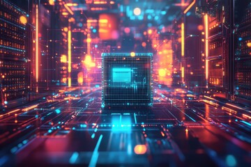 Futuristic server room, glowing tech cube