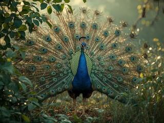 Obraz premium Peacock Walking Through Misty Forest Path with Shimmering Tail and Golden Glow