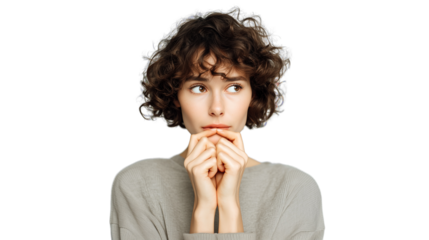 A young woman with a pensive expression, biting her lip, conveys feelings of anxiety and thoughtful contemplation. Ideal for themes related to mental health, stress, and human emotion.