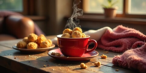 Warm, comforting aroma of freshly baked pastries in a cozy red cup, steam rising, nestled on a rustic wooden table with a soft knitted throw