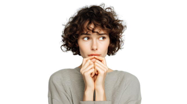 A young woman with a pensive expression, biting her lip, conveys feelings of anxiety and thoughtful contemplation. Ideal for themes related to mental health, stress, and human emotion.