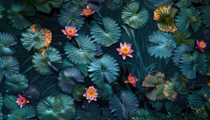 Lush, vibrant lotus flowers and leaves in a dark teal pond.