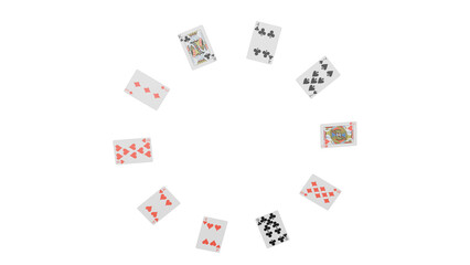 3D Render a circle of playing cards with a white background