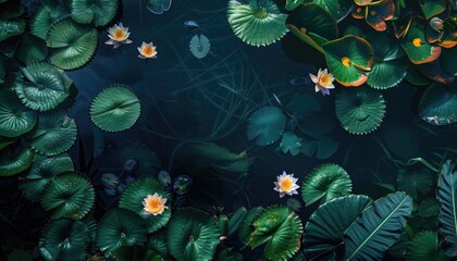 Luxuriant water lilies and leaves in a dark pond.