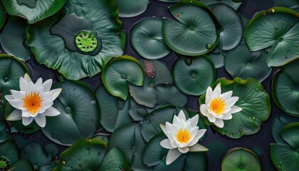 Water lilies resting on dark green leaves.