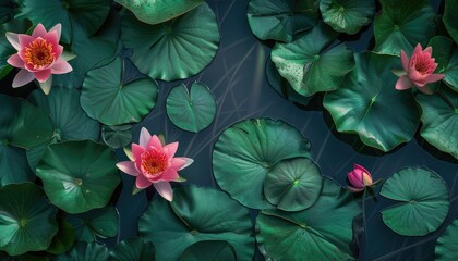 Pink lotus blossoms on dark green leaves in a pond.