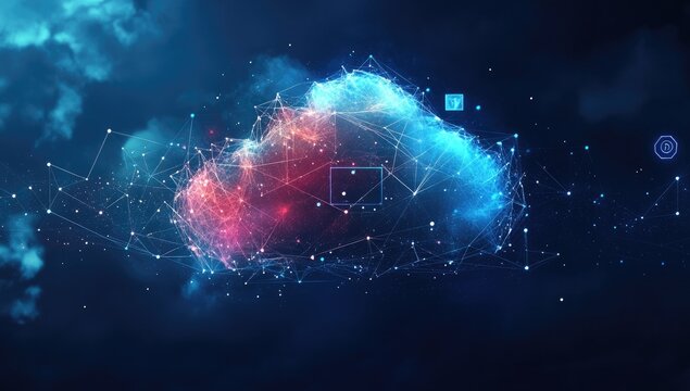 Abstract cloud computing graphic. Complex, polygonal cloud shape, glowing red/blue, interconnected by lines and points against a dark background with wispy clouds