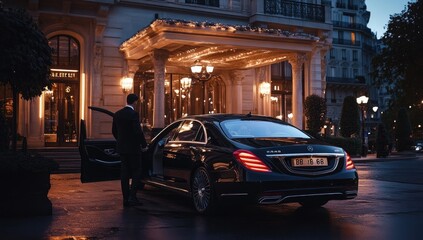 Luxurious black car at a grand hotel entrance at night