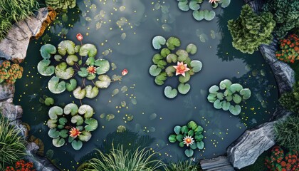 An aerial view of a tranquil water garden with lily pads and flowers.