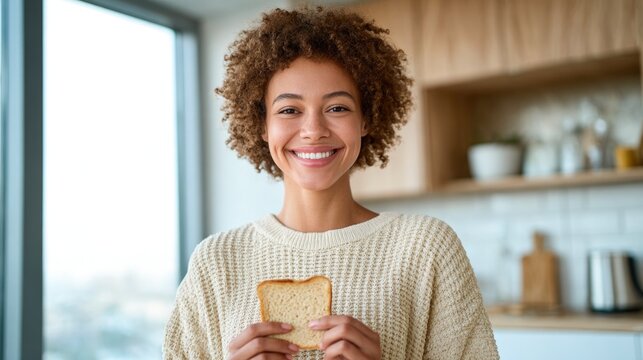 Happy Woman Holding Slice of Bread