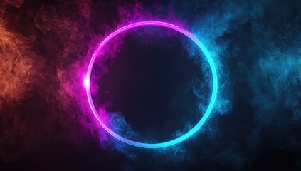 Obraz premium Circular neon ring framed by swirling smoke