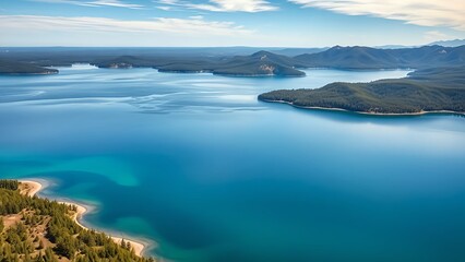 Mountain views of calm lake and sea reflecting a beautiful sunset sky