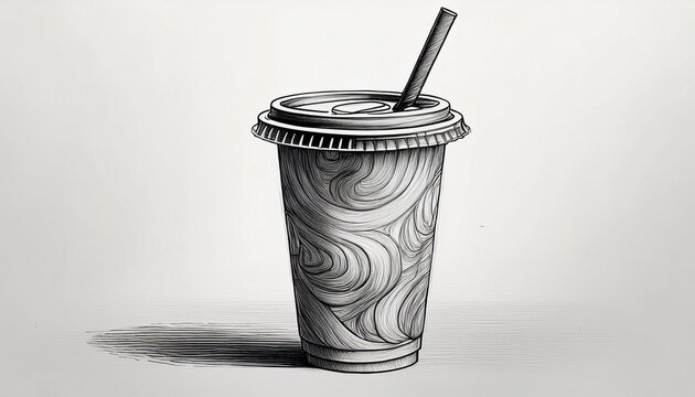 a drawing of a cup with a straw in black and white