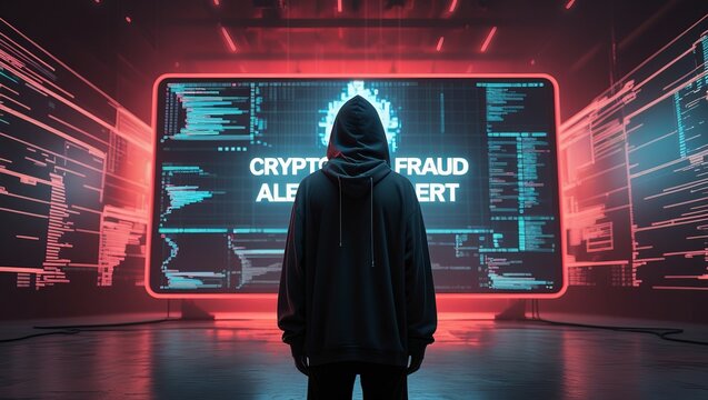 A hooded figure against a glowing screen, depicting a cyber alert on cryptocurrency fraud in an intense, futuristic setting. - Powered by Adobe