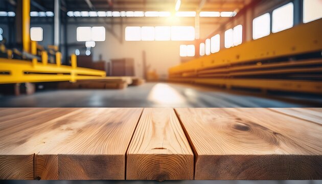 single wooden beam on industrial factory floor with sunlight and blurred background for construction concepts