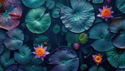 Colorful lotus flowers and leaves on a dark pond.
