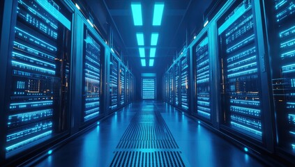 Fototapeta premium Server room interior, illuminated by blue light