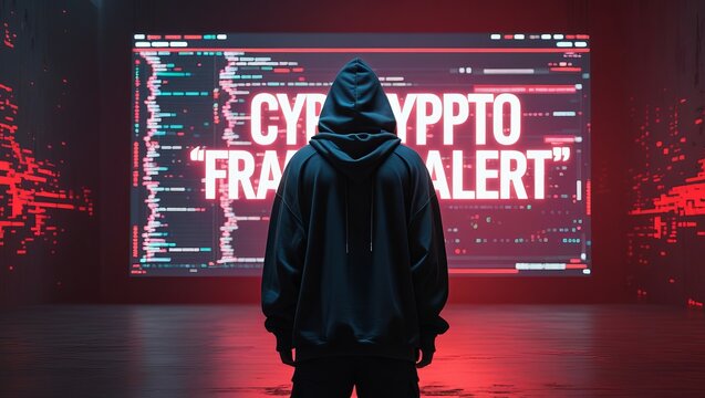 A hooded figure stands in a digital space, illuminated by red and blue lights, facing a 'Crypto Fraud Alert' screen. - Powered by Adobe