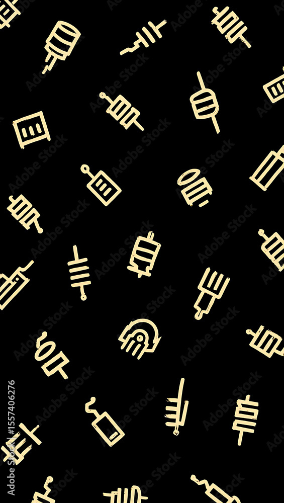 Poster pale yellow line art seamless pattern black background various objects repeating design image