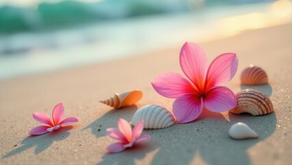 Fototapeta premium Serene Coastal Scene Delicate Pink Flowers and Seashells Resting on a Sandy Beach at Sunset