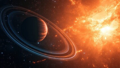 Obraz premium Cosmic ringed planet near fiery nebula