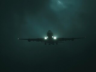 Naklejka premium Plane approaching in dark cloudy sky