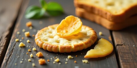A crispy cracker topped with a delicate cheese crisp, resting on a rustic wooden surface, surrounded by crumbs; a simple yet elegant snack.