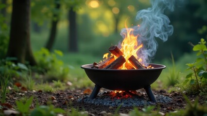 Serene outdoor fire pit with burning wood, glowing embers, and wisps of smoke in a lush green natural setting