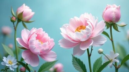 Fototapeta premium Delicate Pink Blossoms Gracefully Arranged Against a Soft Aqua Background, Exhibiting the Exquisite Beauty and Natural Elegance of These Flowers